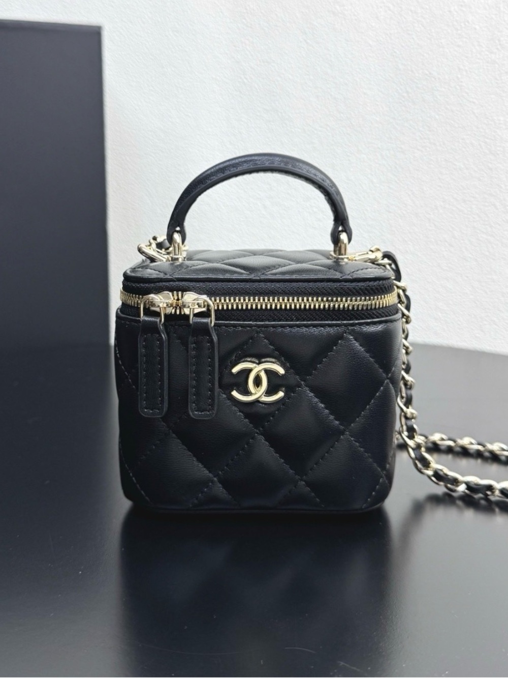 CHANEL Black Quilted Mini Vanity Crossbody with Gold Hardware